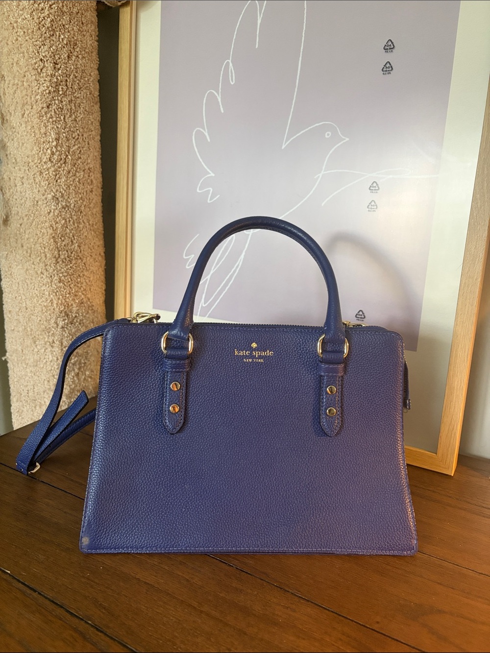 kate spade New York pebbled navy blue satchel with gold hardware
